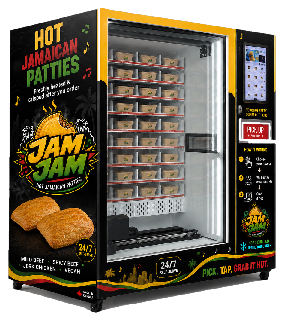 Jam Jam branded refrigerated vending machine with hot Jamaican patties